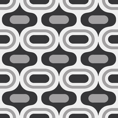 Retro Atomic ogee ovals grey black Raster Pattern. Mid-century modern style Atomic capsules monochrome black seamless pattern.