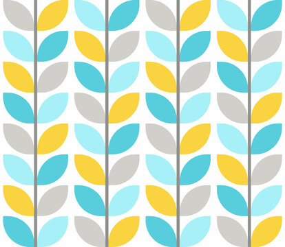 Retro mod leaves pastel teal yellow Vector Pattern. Midcentury style geometric stems seamless pattern.