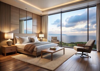 Fototapeta premium Modern Bedroom with Ocean View - Bright and Airy Space for Relaxation and Comfort