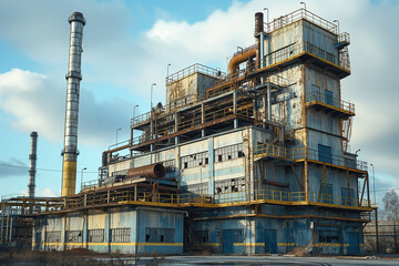 Fototapeta premium industrial factory building, abandoned power plant with yellow accents, soviet aera, photorealistic