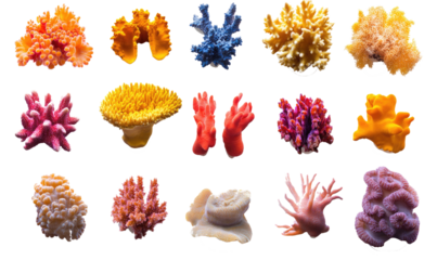 Vibrant set of colorful coral species on transparent background