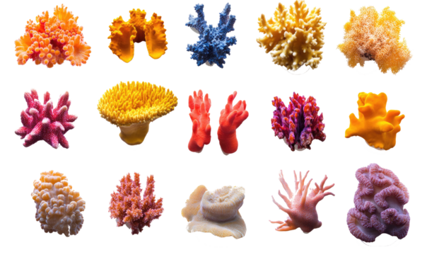 Vibrant set of colorful coral species on transparent background