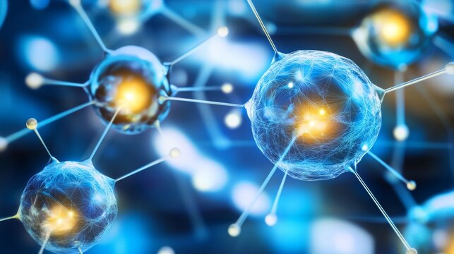 Microscopic view of glowing particles decaying into smaller fragments, symbolizing particle decay in a physics lab setting with scientific instruments and equipment in the background.	