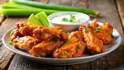 Delicious buffalo chicken wings with celery and ranch dip on a plate Extreme Close-Up