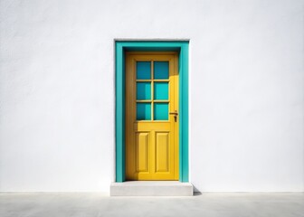 Bright Yellow Door with Window on Minimalist White Wall