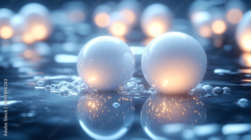 Aufkleber two luminous white spheres rest on a still water surface, surrounded by gentle bubbles, reflecting t