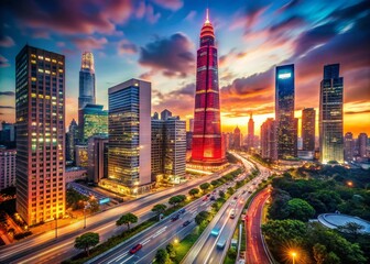 Fototapeta premium Modern Cityscape with Red Skyscraper Model and Bokeh Effect for Urban Aesthetics