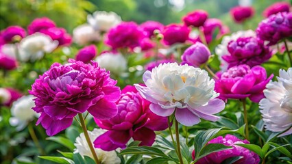 Obraz premium Magenta peony flowers on a white and purple paeonia bush in a botanical garden tilted angle