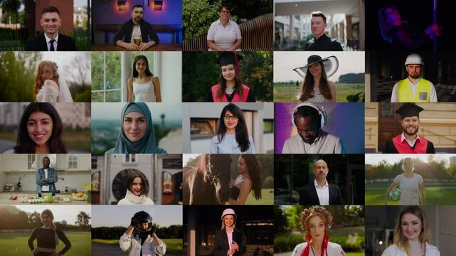Video begins with close-up portrait of one person, followed by zoom out that reveals 25 individuals from diverse backgrounds. Each person expresses various emotions such as calm, joy, and confidence.