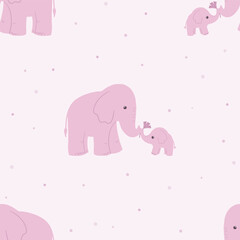 Seamless vector pattern with cute pink elephant family mama and baby, scrapbook, newborn decor