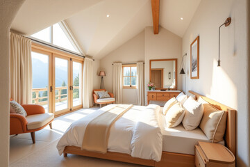 spacious bright bedroom in a chalet with large windows
