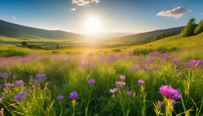 Fototapeta premium Stunning Sunset Over a Field of Purple Flowers