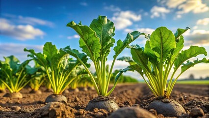 Low angle view of small sugar beet plant growing in row in cultivated field, green sugar beet field in early stage