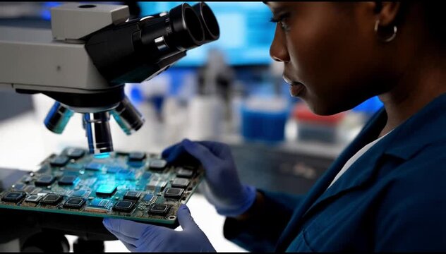 Young black doctor capturing the meticulous work of an AI engineer inspecting microchips under a microscope, showcasing the heart of innovation