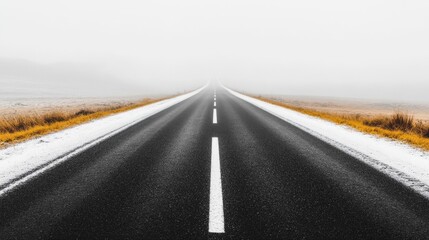 Fototapeta premium Long empty road stretching into the foggy horizon, surrounded by grassland.