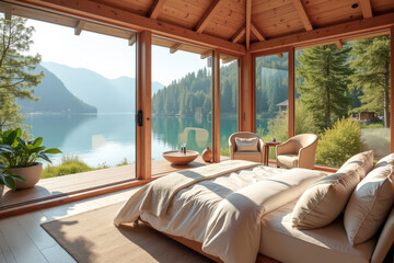 Fototapeta premium spacious bright bedroom in a chalet with large panoramic windows