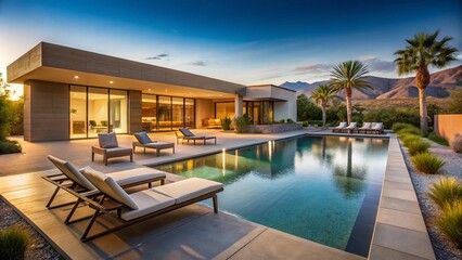 Fototapeta premium Modern Desert Home with Pool and Lounge Chairs - Stylish Outdoor Living Space