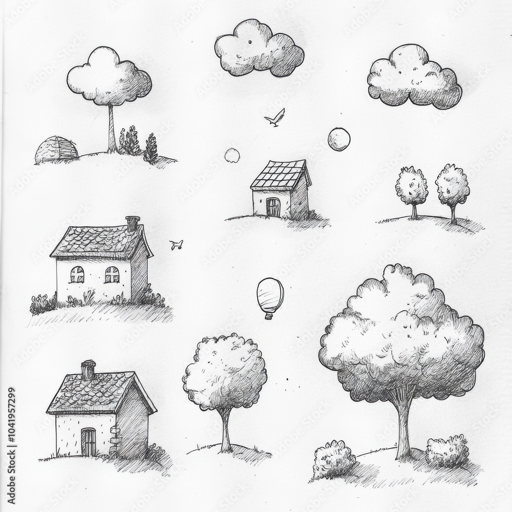 Poster a collection of hand-drawn pencil sketches depicting trees, houses, and clouds in a charming and sim