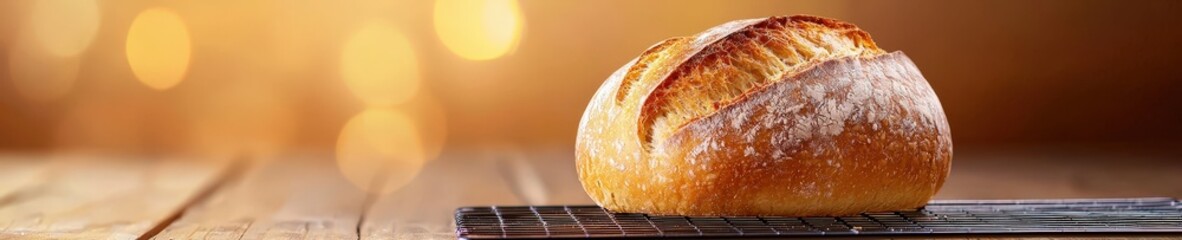 A loaf of bread sits on a wooden table
