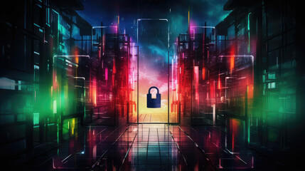 Fototapeta premium A vibrant digital landscape featuring a lock symbol, representing security and data protection in a futuristic environment.
