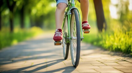 Naklejka premium A person riding a green bicycle along a sunny, tree-lined path.