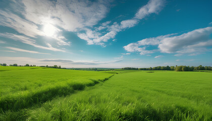 Obraz premium Lush Green Field with Blue Sky and Clouds