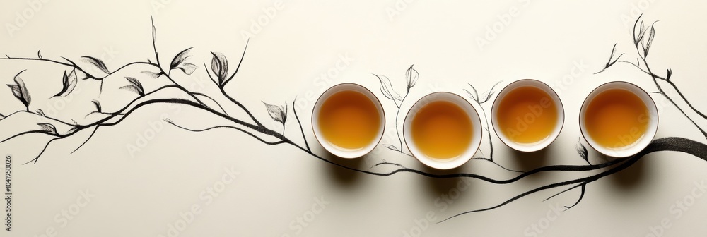 Poster tea cups filled with brewed tea sit alongside delicate sketches of tea leaves, creating a peaceful a