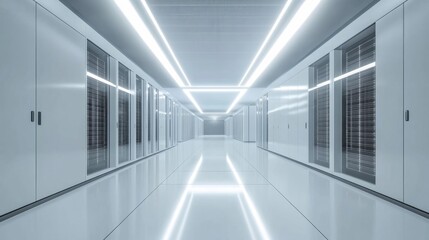 Fototapeta premium A sleek, modern data center with rows of servers and glowing lights, organized and efficient layout