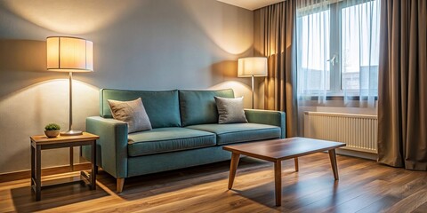 Fototapeta premium Low angle view of a bedroom with a couch, lamp, and table