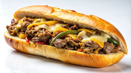Delicious cheesesteak meal on white background