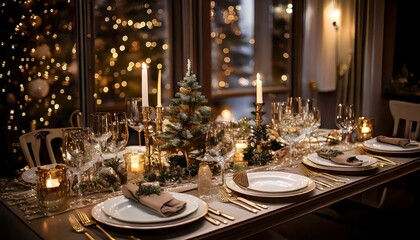 Elegant New Year&rsquo;s Eve dinner table with festive decorations, candles, and gourmet dishes. Generative AI