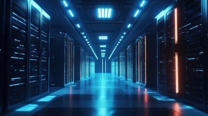 Fototapeta premium A sleek, modern data center with rows of servers and glowing lights, organized and efficient layout