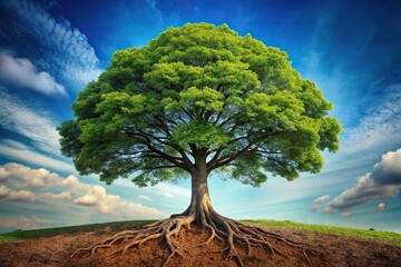 Low angle view of a tree with deep roots symbolizing stability and strength of Taurus zodiac sign