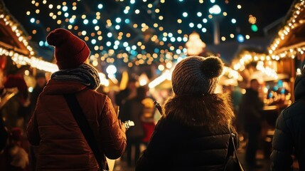 Obraz premium A family watching a live band perform Christmas carols, with the market aglow in festive lights.