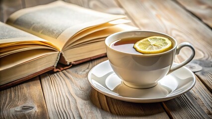 Medium shot of tea with lemon next to an open book