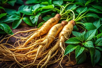 Fresh Ginseng Roots with Vibrant Green Leaves