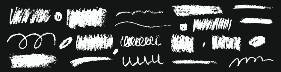 Hand-drawn charcoal pencil lines squiggle, Chalk lines, charcoal highlight strokes doodle set, kids crayon strip, Hand drawn vector illustration isolated on black background