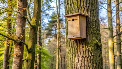 Reflected bat box in tree in wildlife conservation nature reserve forest