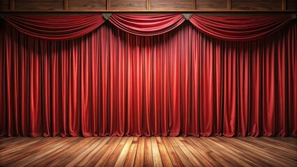 Luxurious red stage curtain with wooden floor backdrop