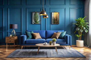 Modern Living Room Design with Dark Blue Sofa and Textured Blue Walls for Contemporary Interiors