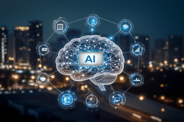Obraz premium AI, Machine learning, illustration features a digital brain with network connections. This image is suitable for AI, technology, networking and digital transformation concepts.