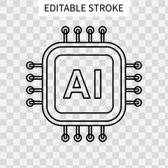 Artificial intelligence chip icon in editable stroke. AI generate linear symbol. Processor circuit outline sign. CPU badge. Vector illustration isolated on white background