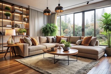 Fototapeta premium Modern Living Room with Sectional Sofa and Abundant Natural Light for a Cozy Atmosphere