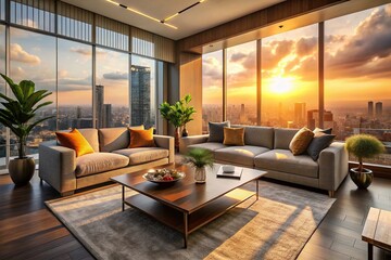 Fototapeta premium Modern Living Room with Panoramic City View at Sunset - Stylish Interior Design Inspiration