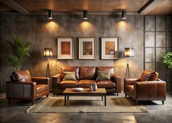 Fototapeta premium Modern Living Room with Stylish Brown Leather Furniture and Empty Frames in Low Light