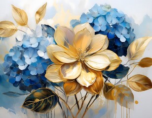 abstract floral oil painting gold and blue hydrangea flower on white background
