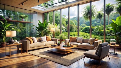Fototapeta premium Modern Living Room with Tropical View and Stylish Furniture for Cozy Interiors