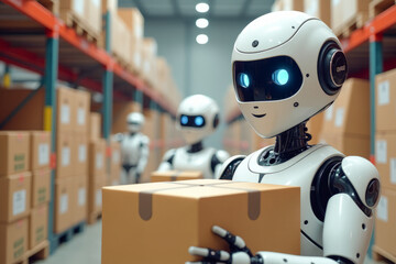 Fototapeta premium robots in the warehouse stack boxes