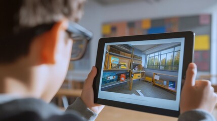 A sleek tablet displaying an augmented reality interface, used by a student in a bright classroom setting, interactive educational technology