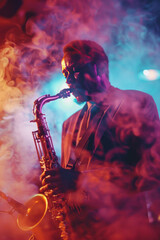 Obraz premium A vibrant vintage film portrait of a jazz musician in a smoky club, the image filtered to emulate the warm hues of old Kodachrome film